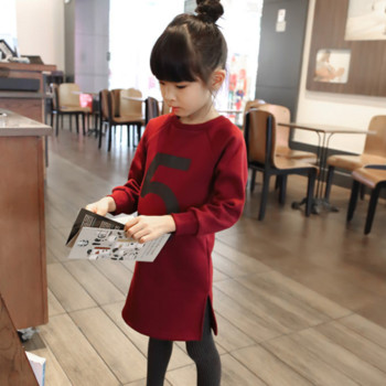 Спортно-ежедневна детска рокля за момичета с О-образна яка в сив и бордо цвят