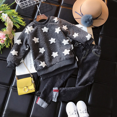 Ежедневен детски зимен пуловер за момичета с О-образна яка на звезди в два цвята