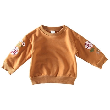 Модерен детски пуловер за момичета с О-образна яка с флорална бродерия по ръкавите в три цвята