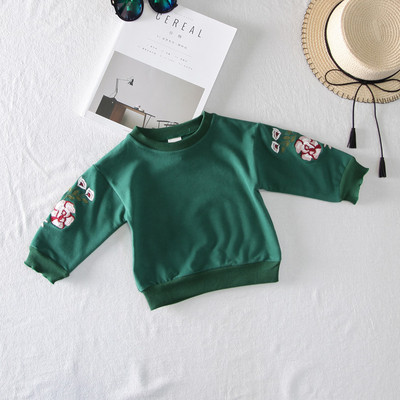 Модерен детски пуловер за момичета с О-образна яка с флорална бродерия по ръкавите в три цвята