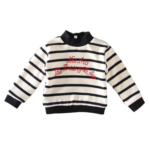 Детски зимен раиран пуловер за момичета с висока яка и надпис 