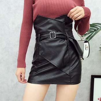 Стилна кожена пола с висока талия и дкеоративен колан в черен и кафяв цвят