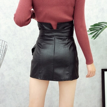 Стилна кожена пола с висока талия и дкеоративен колан в черен и кафяв цвят