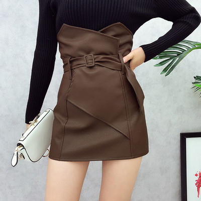 Стилна кожена пола с висока талия и дкеоративен колан в черен и кафяв цвят