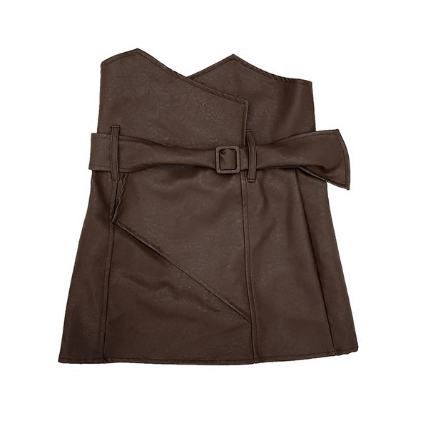 Стилна кожена пола с висока талия и дкеоративен колан в черен и кафяв цвят