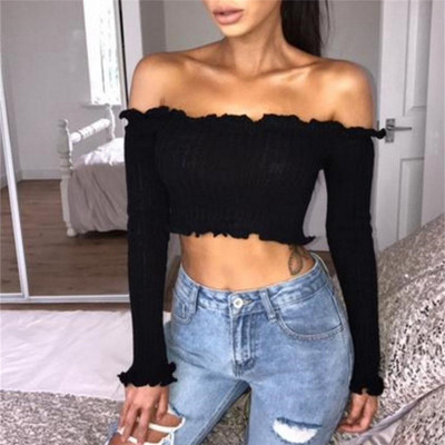 Спортно-елегантна дамска блуза с паднали рамене в къс модел в три цвята