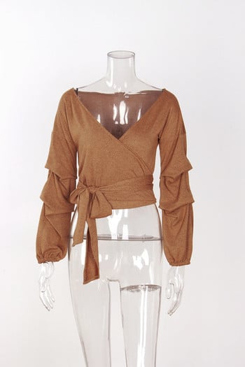 Модерна дамска блуза скъсен модел с дълбоко деколте и широки ръкави в четири цвята