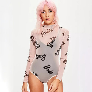 Прозрачно дамско боди с надписи и висока яка в два цвята