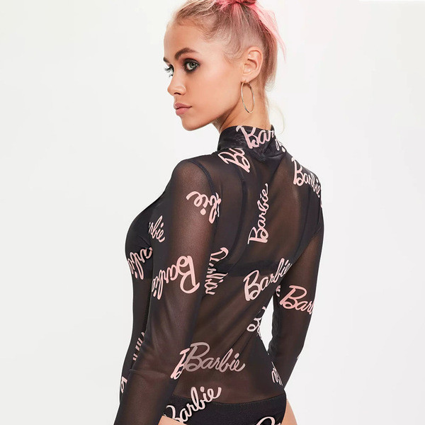 Прозрачно дамско боди с надписи и висока яка в два цвята