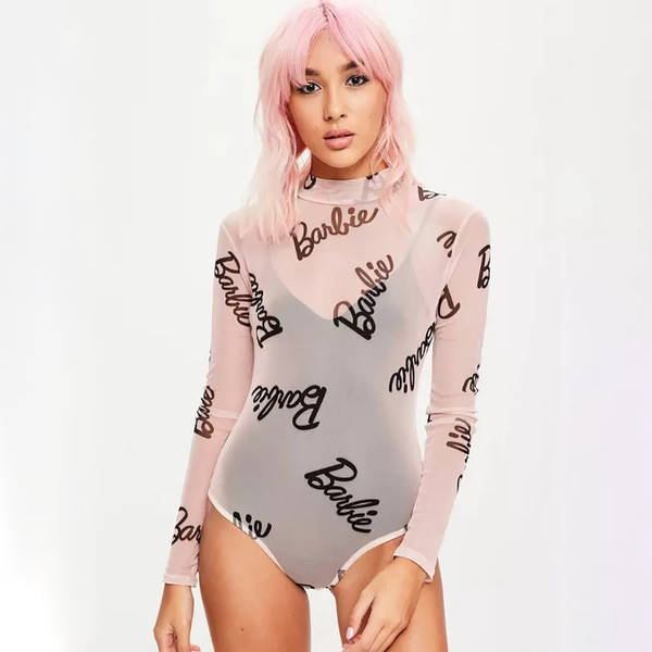 Прозрачно дамско боди с надписи и висока яка в два цвята