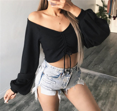 Модерна дамска къса блуза с връзки и широки ръкави в четири ръкави