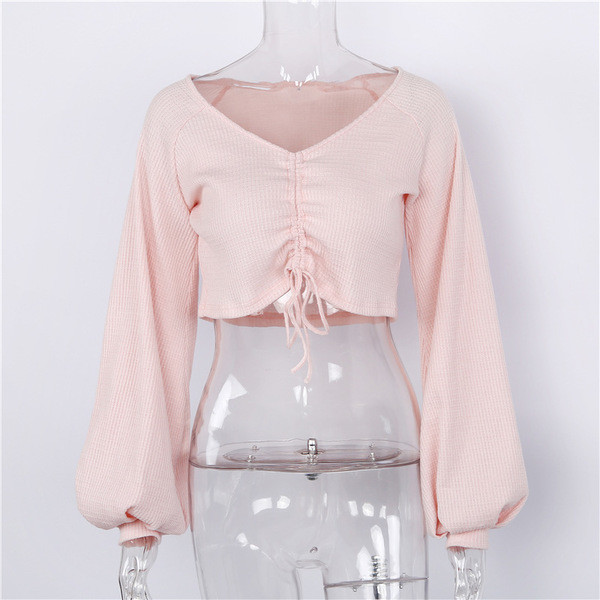 Модерна дамска къса блуза с връзки и широки ръкави в четири ръкави