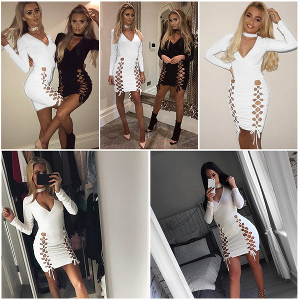 Актуална дамска рокля с дълбоко деколте с замотани връзки в черен и бял цвят