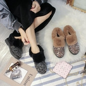 Модерни дамски топли боти с пух и пайети и камъчета в два цвята