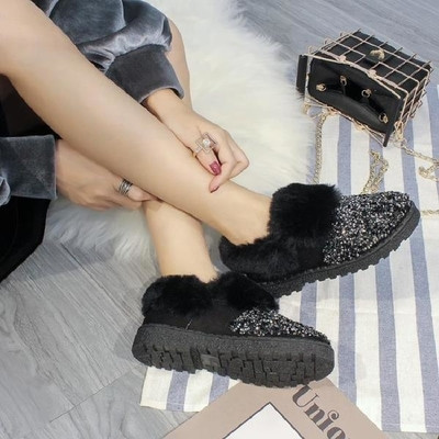 Модерни дамски топли боти с пух и пайети и камъчета в два цвята