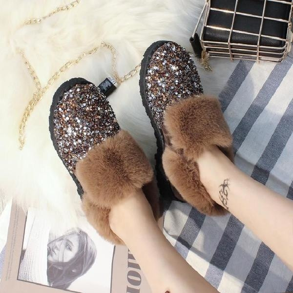 Модерни дамски топли боти с пух и пайети и камъчета в два цвята