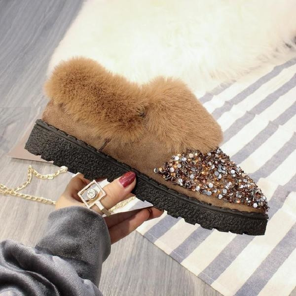 Модерни дамски топли боти с пух и пайети и камъчета в два цвята