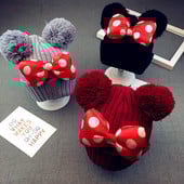 Детска топла шапка за момичета с пухени топчета и панделка в четири цвята