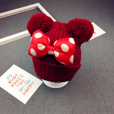 Детска топла шапка за момичета с пухени топчета и панделка в четири цвята