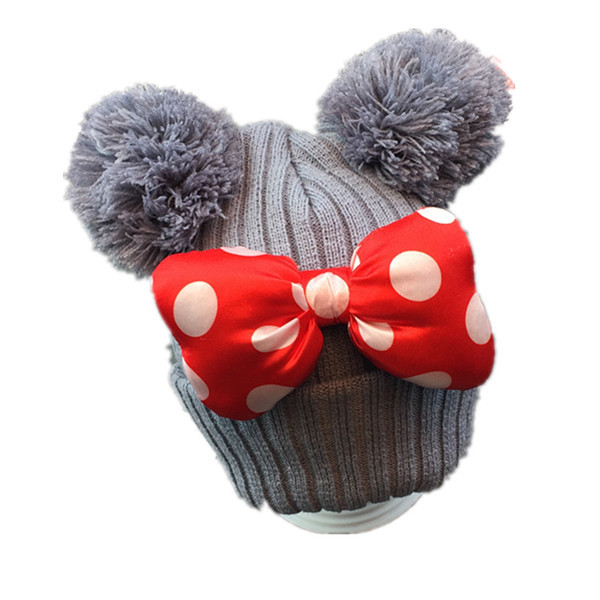 Детска топла шапка за момичета с пухени топчета и панделка в четири цвята