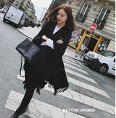 Стилен дамски дълъг шал с ресни в черен шал