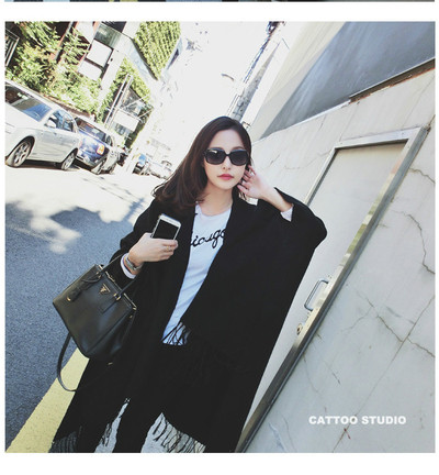 Стилен дамски дълъг шал с ресни в черен шал