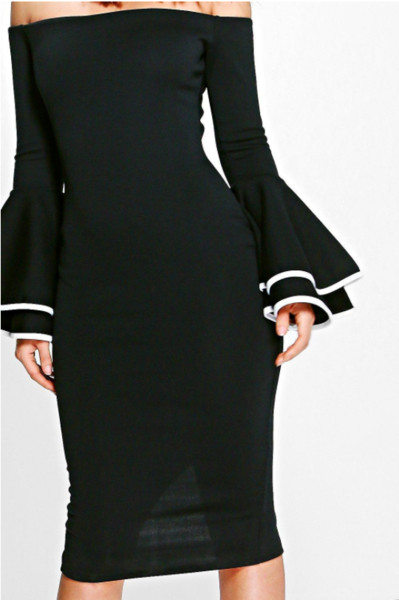 Κομψή κυρία φόρεμα με γυμνούς ώμους και κομμένα μανίκια