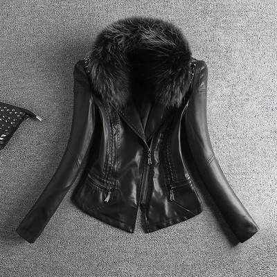 Κομψό δερμάτινο σακάκι από κυρίες με διακοσμητικά πριτσίνια και κολάρο χνουδιού σε τρία χρώματα