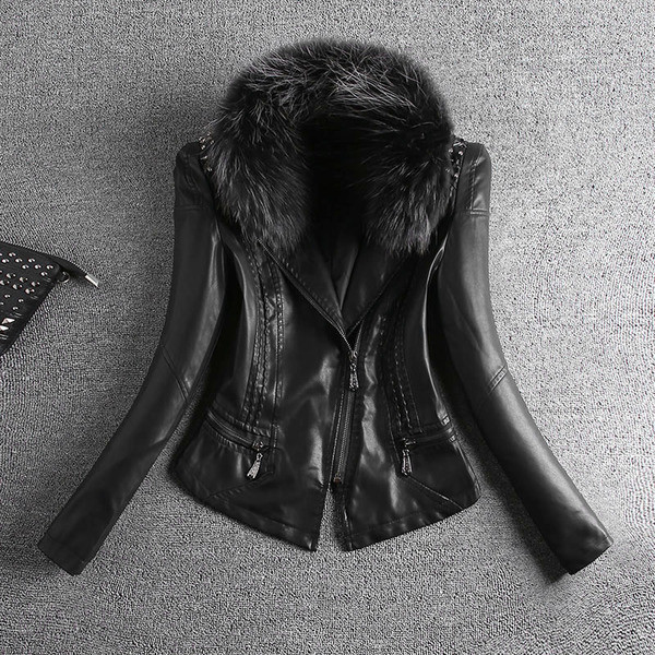 Κομψό δερμάτινο σακάκι από κυρίες με διακοσμητικά πριτσίνια και κολάρο χνουδιού σε τρία χρώματα