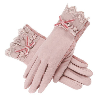 Стилни зимни дамски ръкавици с дантела и панделка