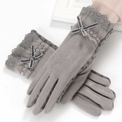 Стилни зимни дамски ръкавици с дантела и панделка