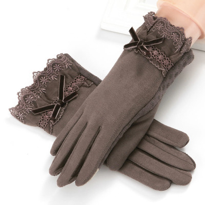 Стилни зимни дамски ръкавици с дантела и панделка