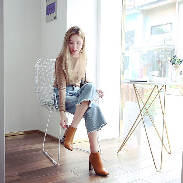 Елегантни дамски боти с висок дебел и огледален ток в два цвята