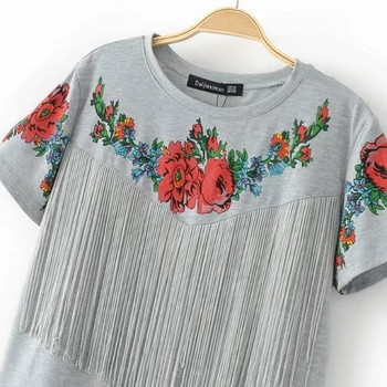 Ежедневна дамска блуза с висящи реснички , флорална цветна бродерия и къс ръкав