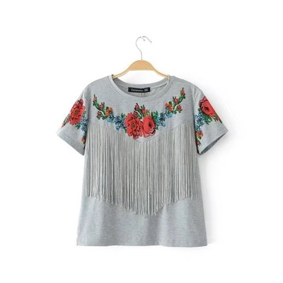 Περιστασιακή γυναικεία μπλούζα με κρεμαστά σκελίδες, floral κεντήματα και κοντά μανίκια