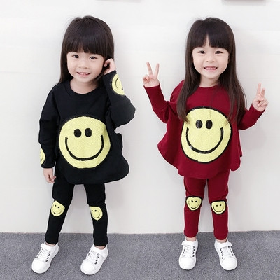 Детски ежедневен комплект от две части за момичета-клин+блузон в свободен стил с забавна емотикона в три цвята