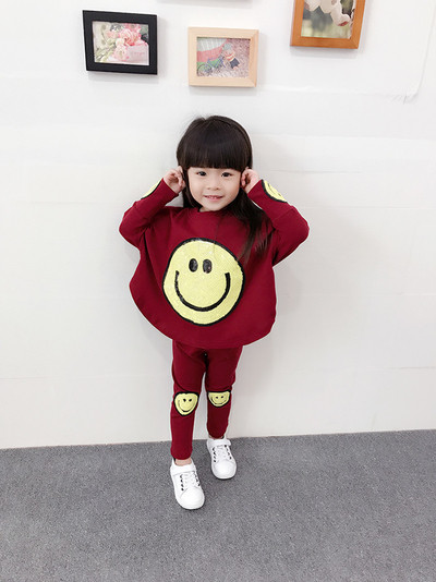 Детски ежедневен комплект от две части за момичета-клин+блузон в свободен стил с забавна емотикона в три цвята