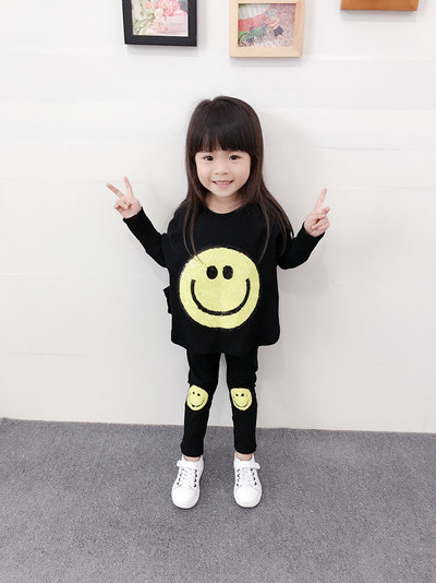 Детски ежедневен комплект от две части за момичета-клин+блузон в свободен стил с забавна емотикона в три цвята