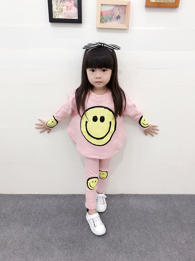 Детски ежедневен комплект от две части за момичета-клин+блузон в свободен стил с забавна емотикона в три цвята