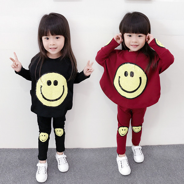 Детски ежедневен комплект от две части за момичета-клин+блузон в свободен стил с забавна емотикона в три цвята