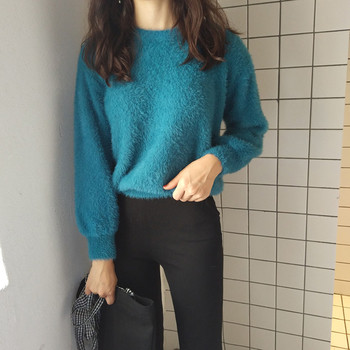 Мек и нежен плюшен дамски пуловер с О-образна яка в четири цвята