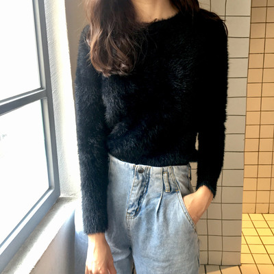 Мек и нежен плюшен дамски пуловер с О-образна яка в четири цвята