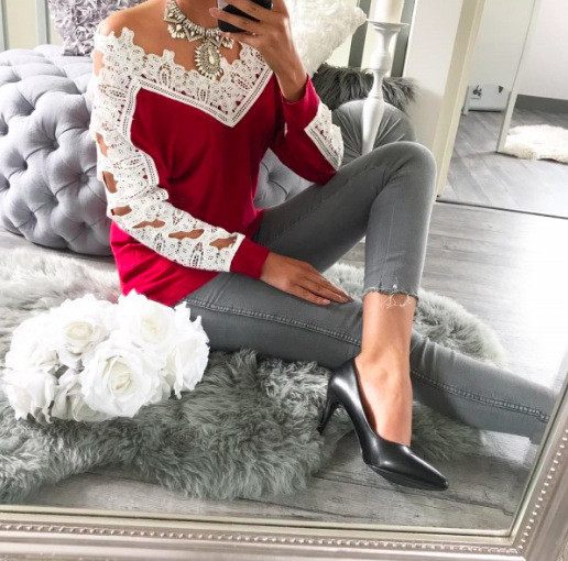 Модерна дамска блуза с V-образно деколте и дантелени ръкави в четири цвята