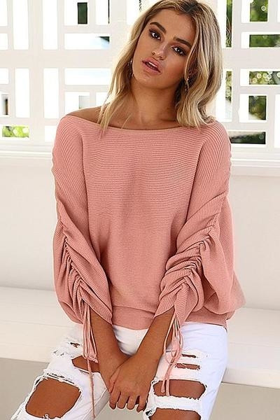 Κομψή casual μπλούζα κυρίες σε ευρύ σχέδιο σε ενδιαφέρον τσαλακωμένα μανίκια σε τέσσερα χρώματα