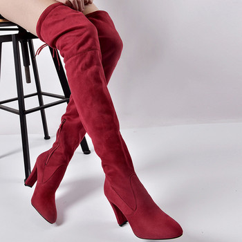 Елегантни дамски чизми от еко велур,заострени на висок ток в три цвята