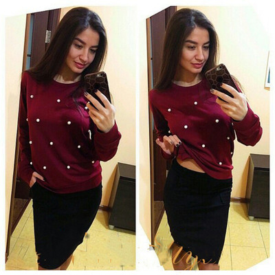 Χειμώνας περιστασιακή γυναικεία μπλούζα φθινόπωρο-χειμώνα με μαργαριτάρια σε τρία χρώματα