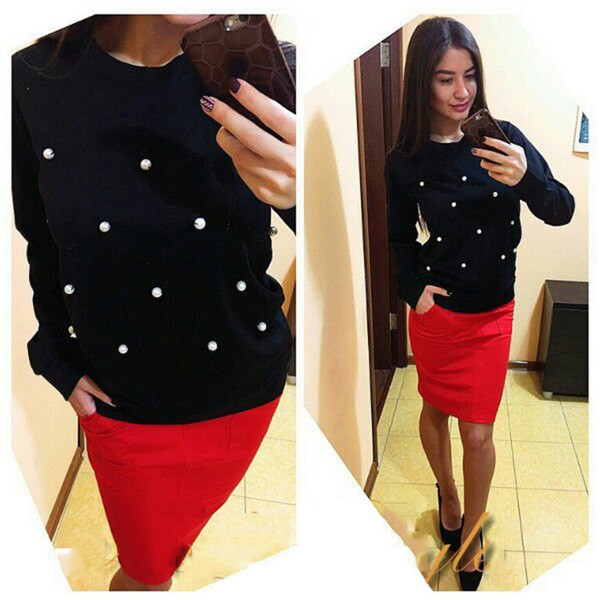 Χειμώνας περιστασιακή γυναικεία μπλούζα φθινόπωρο-χειμώνα με μαργαριτάρια σε τρία χρώματα