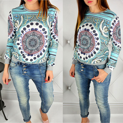 Модерна дамска ежедневна блуза с О-образна яка и интересен десен