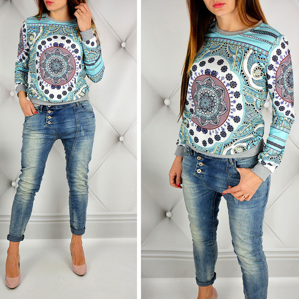 Модерна дамска ежедневна блуза с О-образна яка и интересен десен