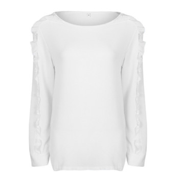 Модерна дамска изчистена блуза с О-образна яка и интересни ръкави в бял цвят